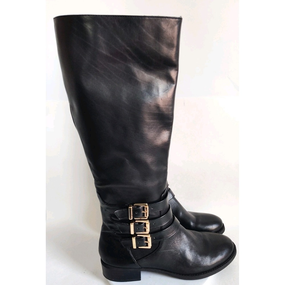 Inc Knee High Riding Boots Size 8.5 Francy Black‎ Wide Calf Leather Gold Buckles